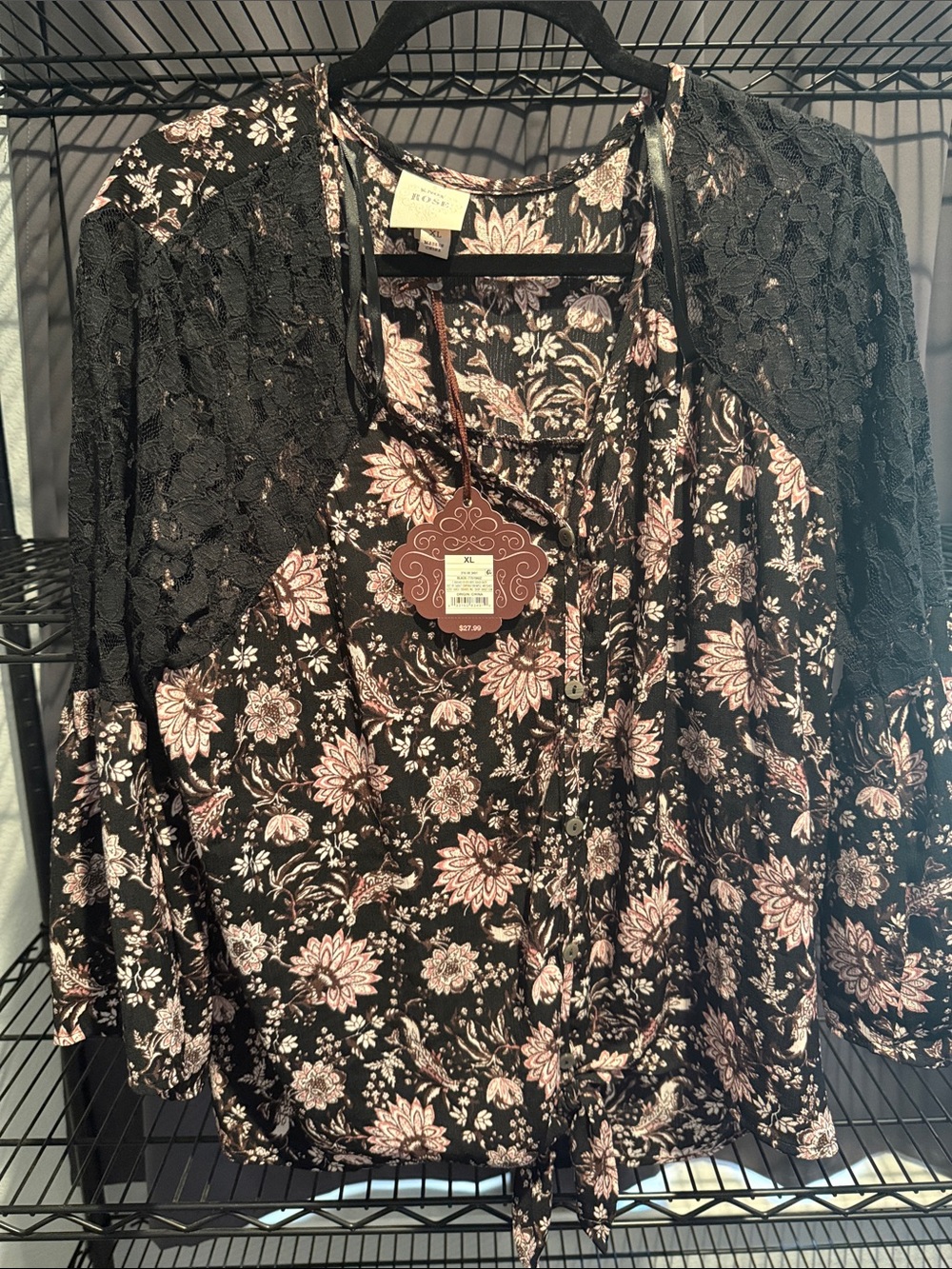 Knox Rose Black Floral Lace Mixed-Print Blouse